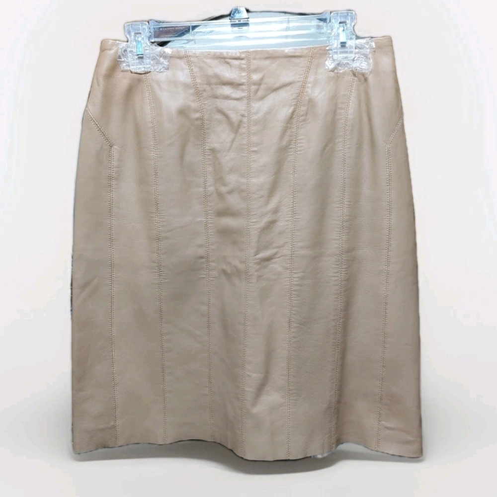 ETCETERA Women's Gored Lined Leather skirt tan/camel pleated-Lower back Sz 6 EUC
